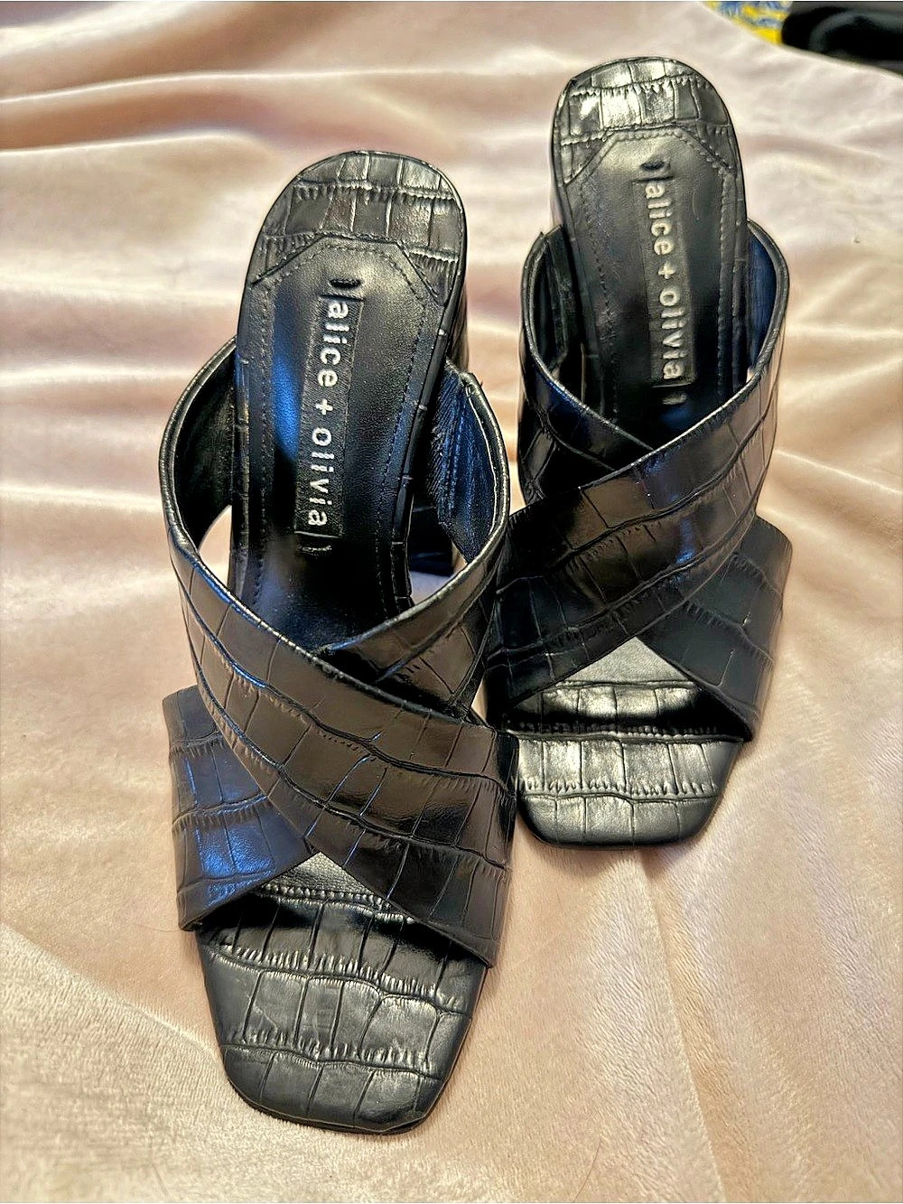 alice + olivia Black Crocodile-Embossed Heels